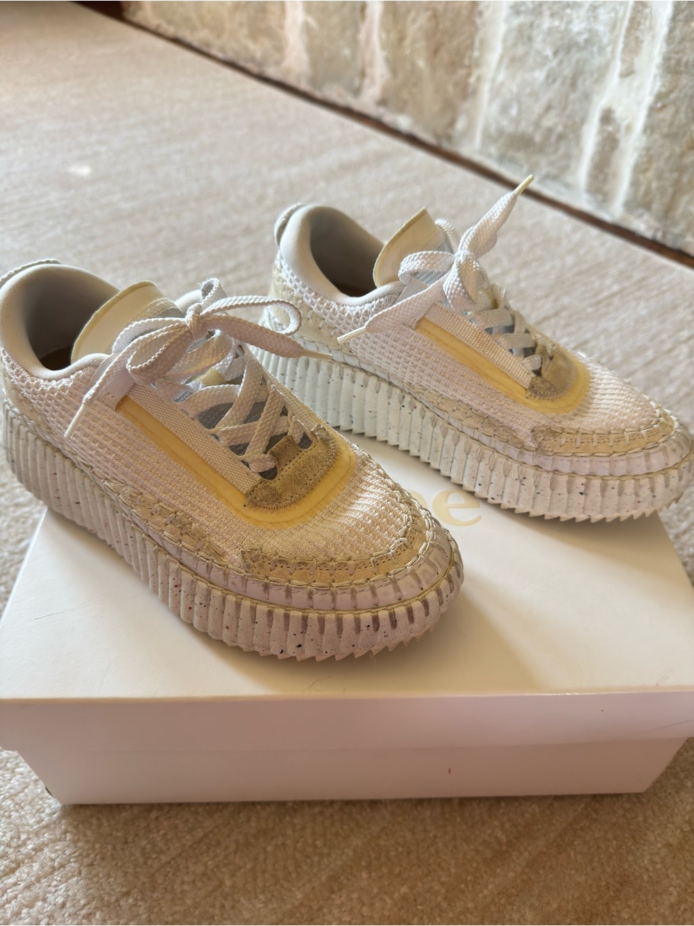 Chloé Nama stitch walking sneakers.  White and Tan Leather Insole